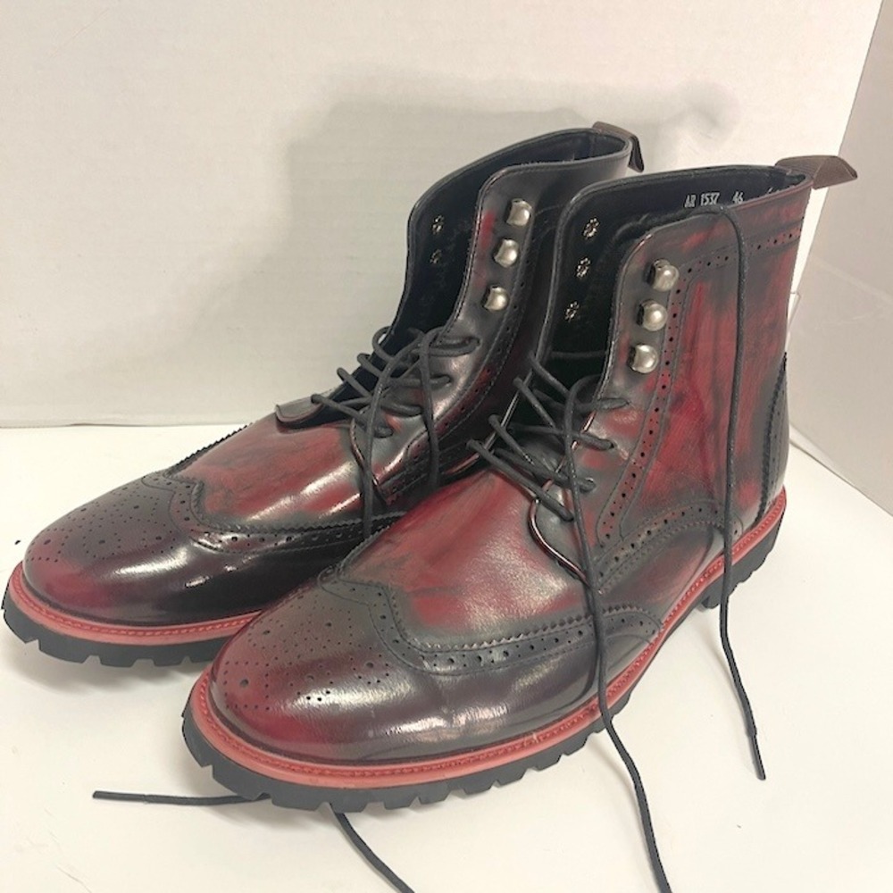 Men's Wingtip Brogue Combat Ankle Boots Burgundy Red Black | Size 46 US 12